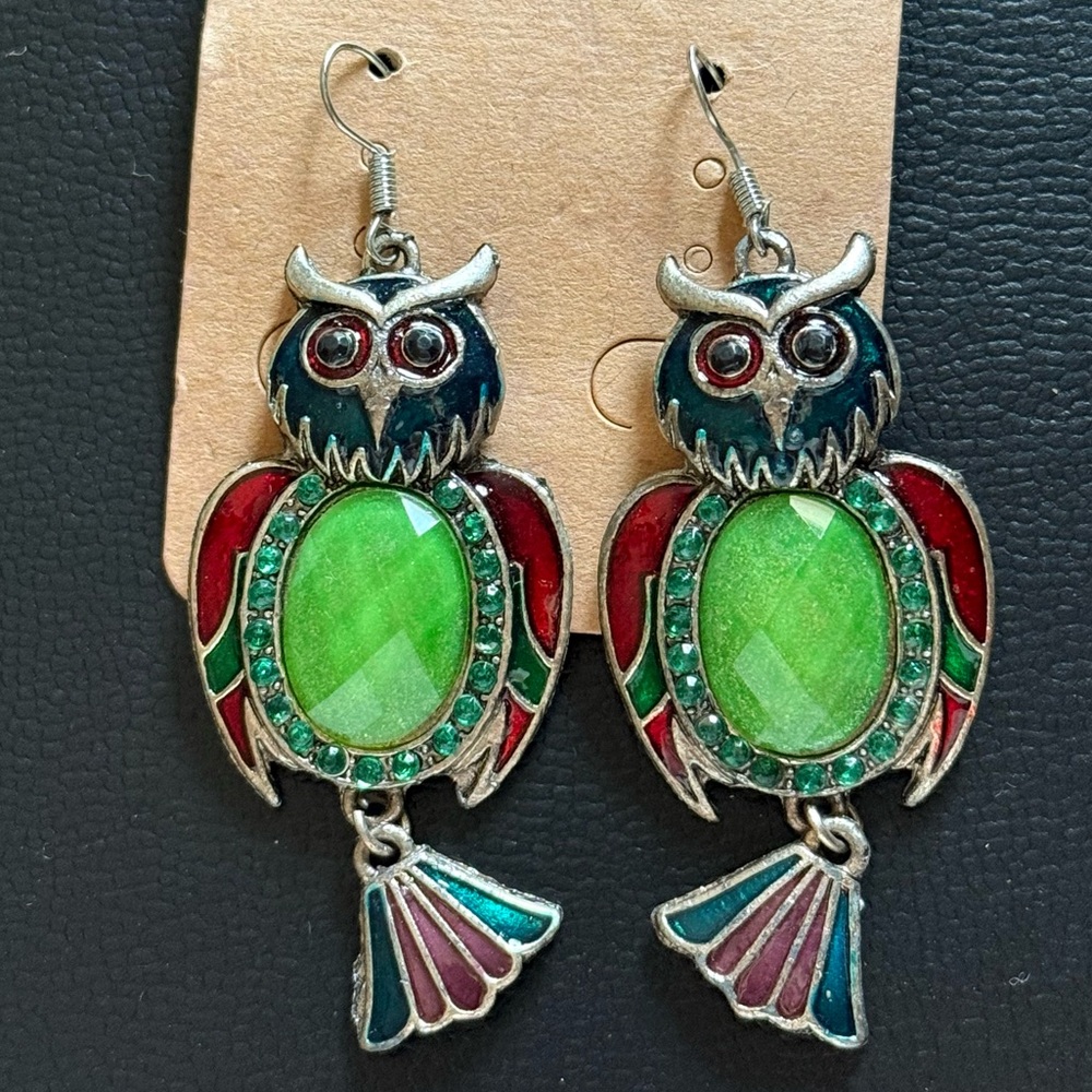 Dangling Owl Earrings - Green and Red
